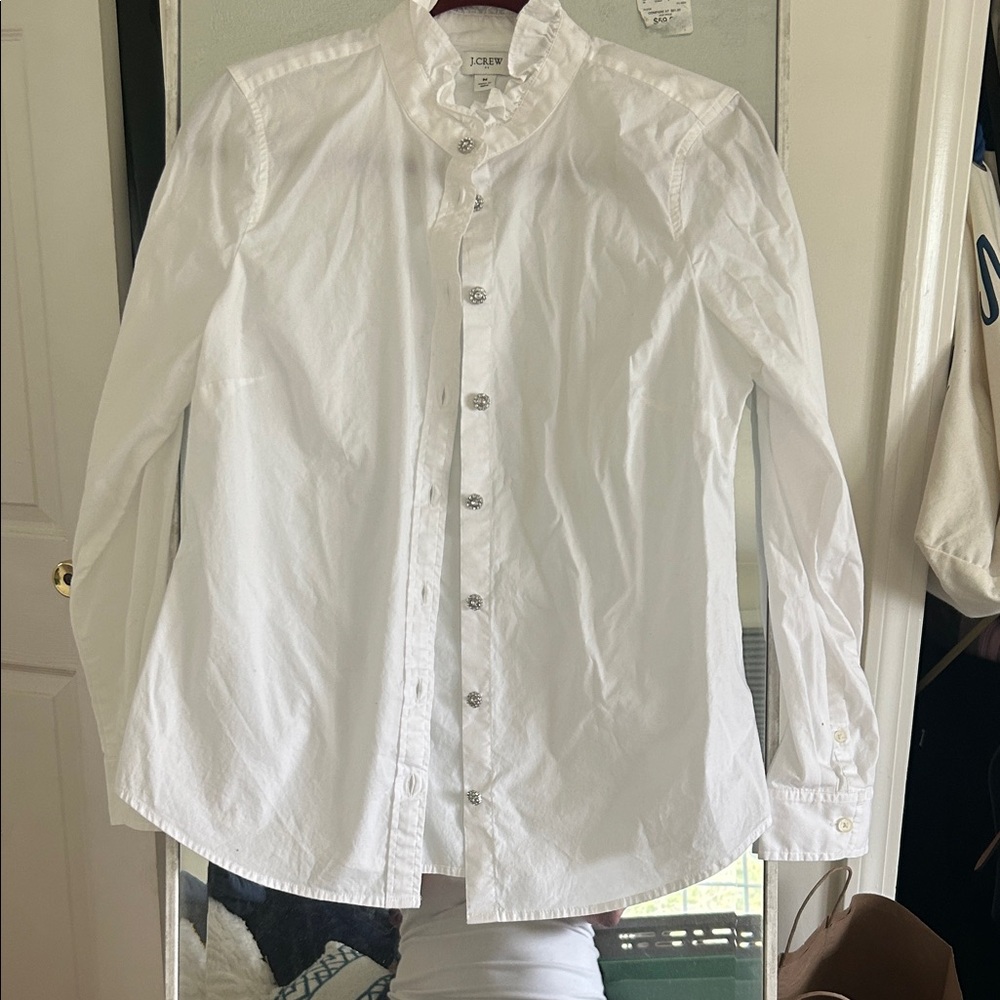 J. Crew White Ruffled Collar Button-Up Blouse